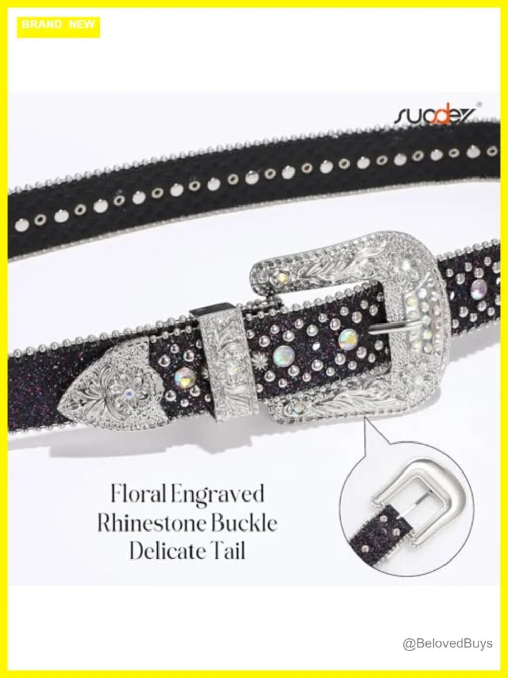 Rhinestone Studded Western Belt for Women Men, Faux Leather with Metal Buckle,